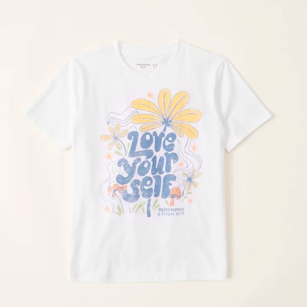 Abercrombie Kids Love Yourself‎ White Tee w/ Colorful Graphic Girl’s 9/10